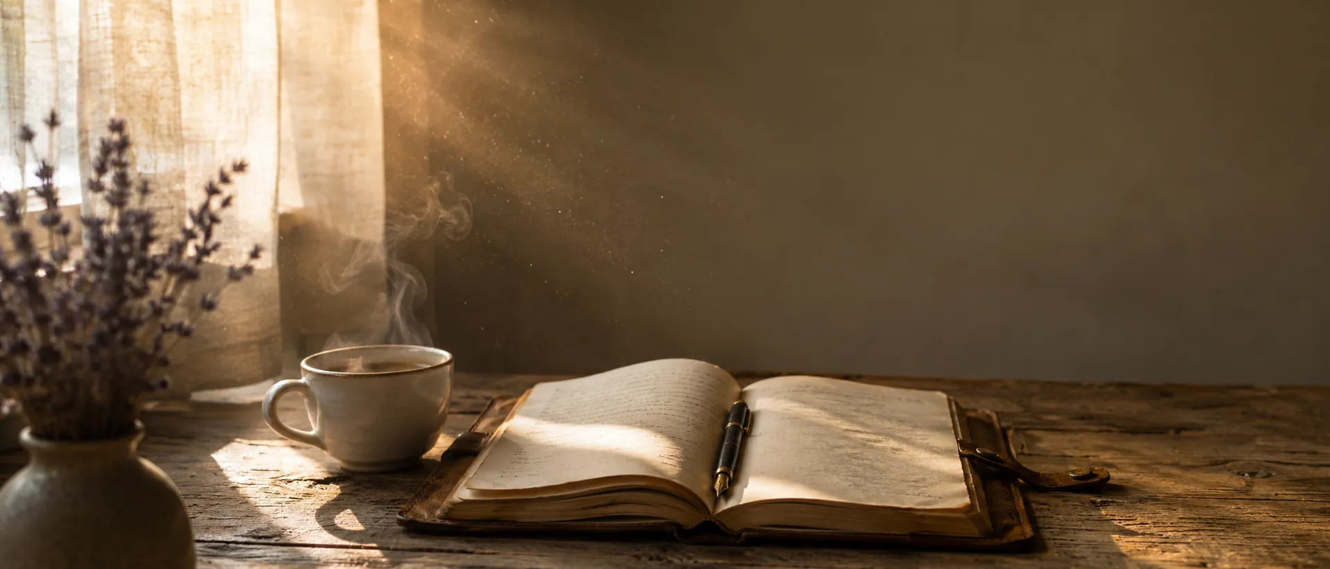 Open leather journal with fountain pen, coffee, lavender, sunlit window