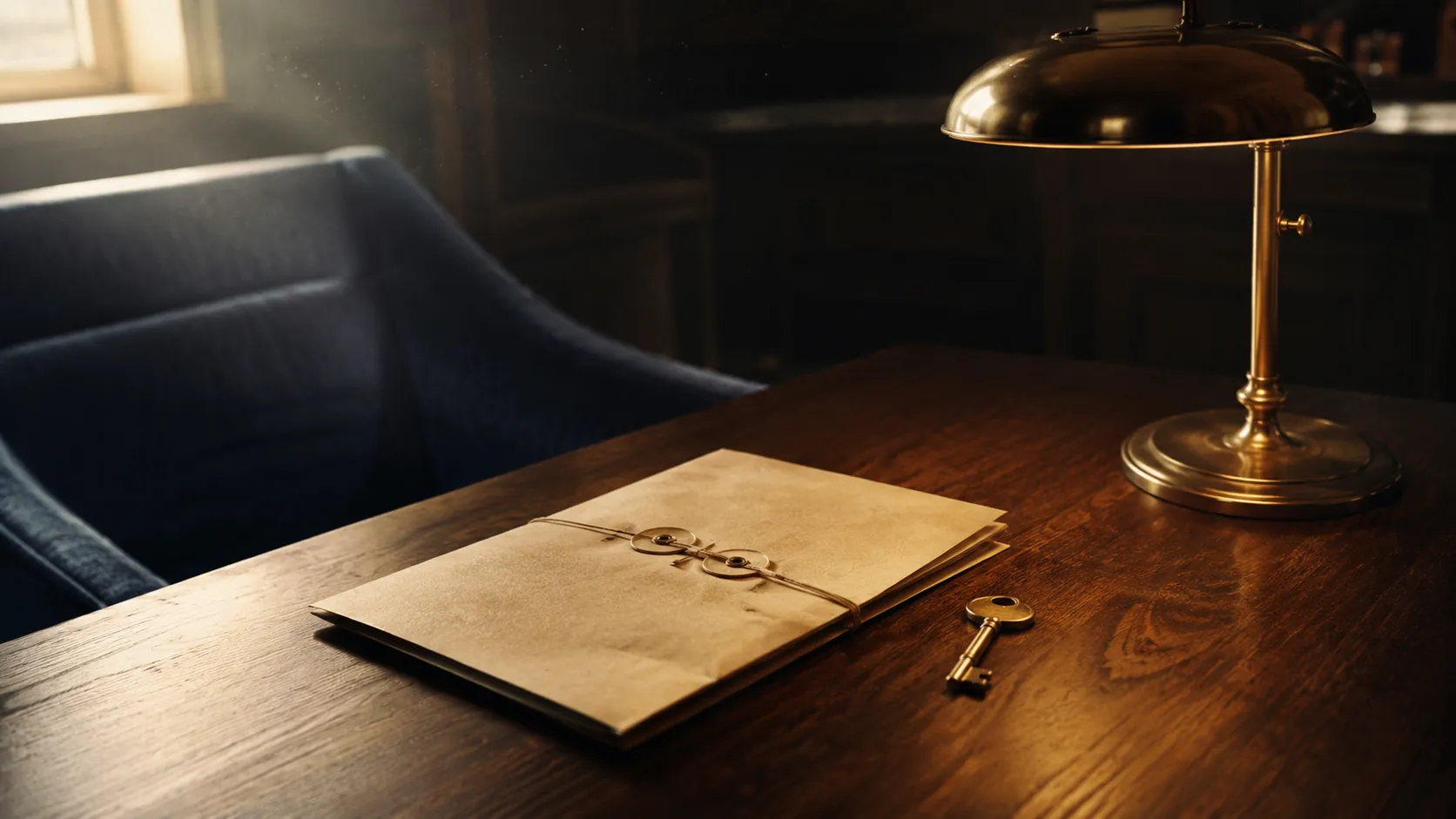 Sealed leather dossier on walnut desk with brass lamp