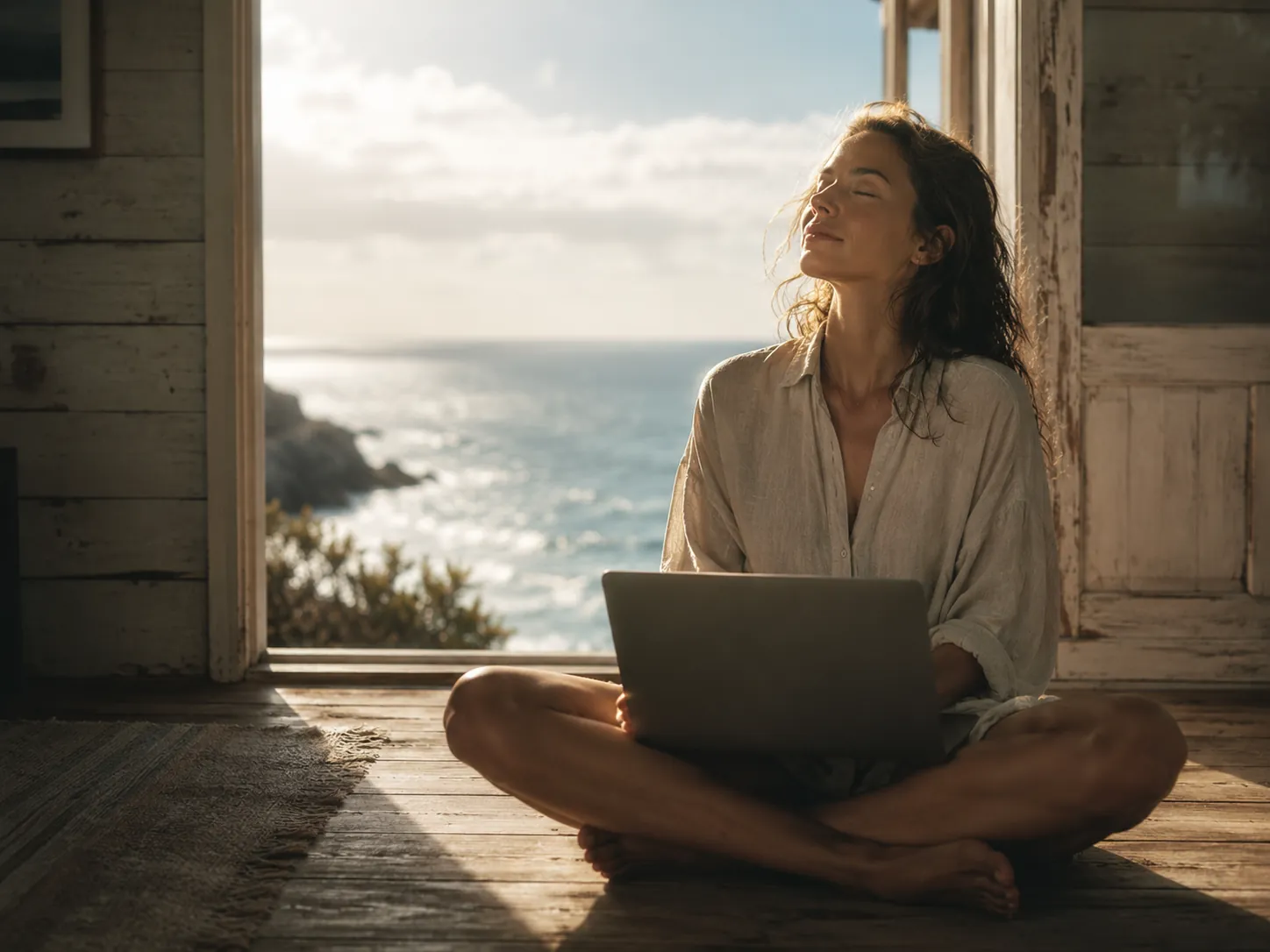 Person on coastal cottage deck with laptop and ocean view