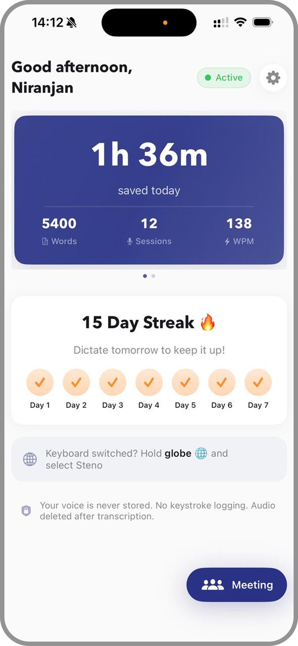 Voice Keyboard Pro dashboard showing stats and streak